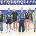 Standing proudly during the Tuesday night pep rally are members of the just-announced 2026 Lovell High School Homecoming royalty (l-r) freshman attendants Tyler Walker and Rubie Weber, king and queen Wilson Hendershot and Kandace Asay, sophomore attendants Rylan Oaks and Macie Anderson and junior attendants Kade Durtsche and Caylee Herman. David Peck