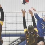Avery Walker goes for the kill. Rocky’s Bailey Gifford and Leah Haslem attempt the block. David Peck Avery Walker goes for the kill. Rocky’s Bailey Gifford and Leah Haslem attempt the block. David Peck
