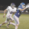 Lovell senior Nathan Cornia stretches for a reception against the Thermopolis Bobcats at Robertson Stadium Friday as Bobcat Tanner Delay defends. The Bulldogs travel to Lyman for a 3 p.m. kickoff Friday. David Peck