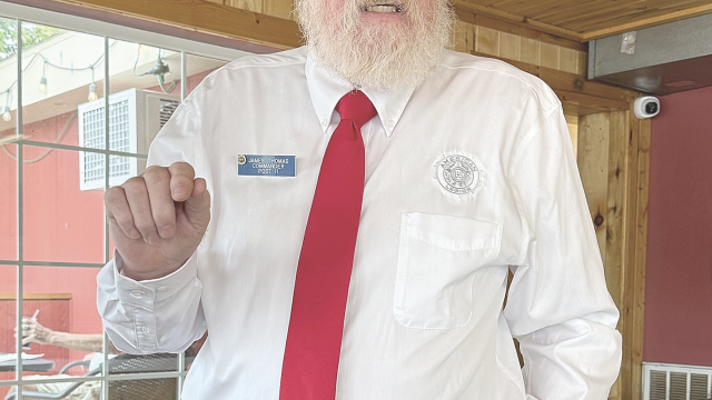 American Legion Post 11 commander Jim Thomas addresses members of the Lovell Area Chamber of Commerce on August 3. David Peck