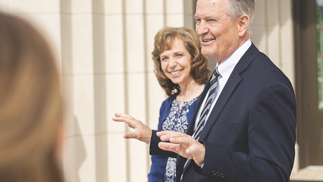 Elder K. Brett Nattress, General Authority Seventy of The Church of Jesus Christ of Latter-day Saints, and his wife, Shawna, prepare to lead journalists on a tour of the Cody Wyoming Temple on Monday, August 24, 2026. Courtesy photo