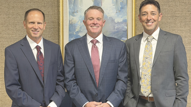 The new Stake Presidency stands together as a group for the first time since being put in last Sunday. From the left are Joshua Sanders, Casey Crosby and Joshua Haslem. Courtesy Photo